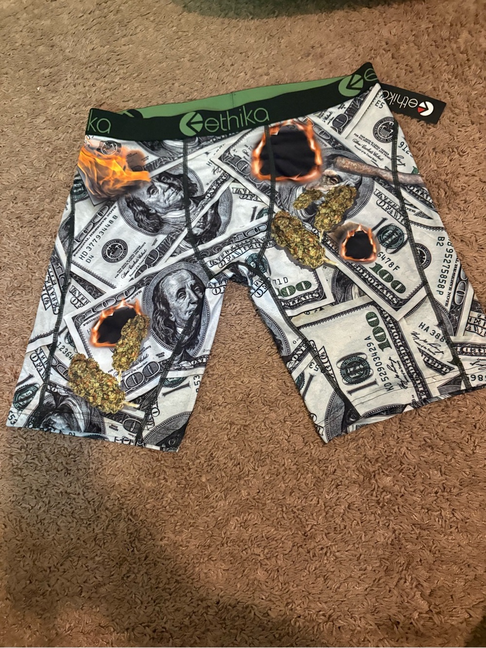 ethika Men's Money Print Boxer Briefs with Green Waistband